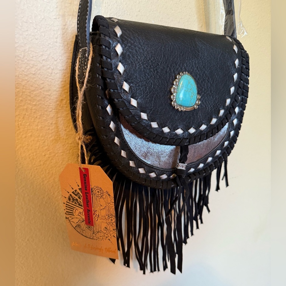 Western Black Fringe Crossbody Bag Turquoise Boho Shoulder Purse NWT - Picture 7 of 12